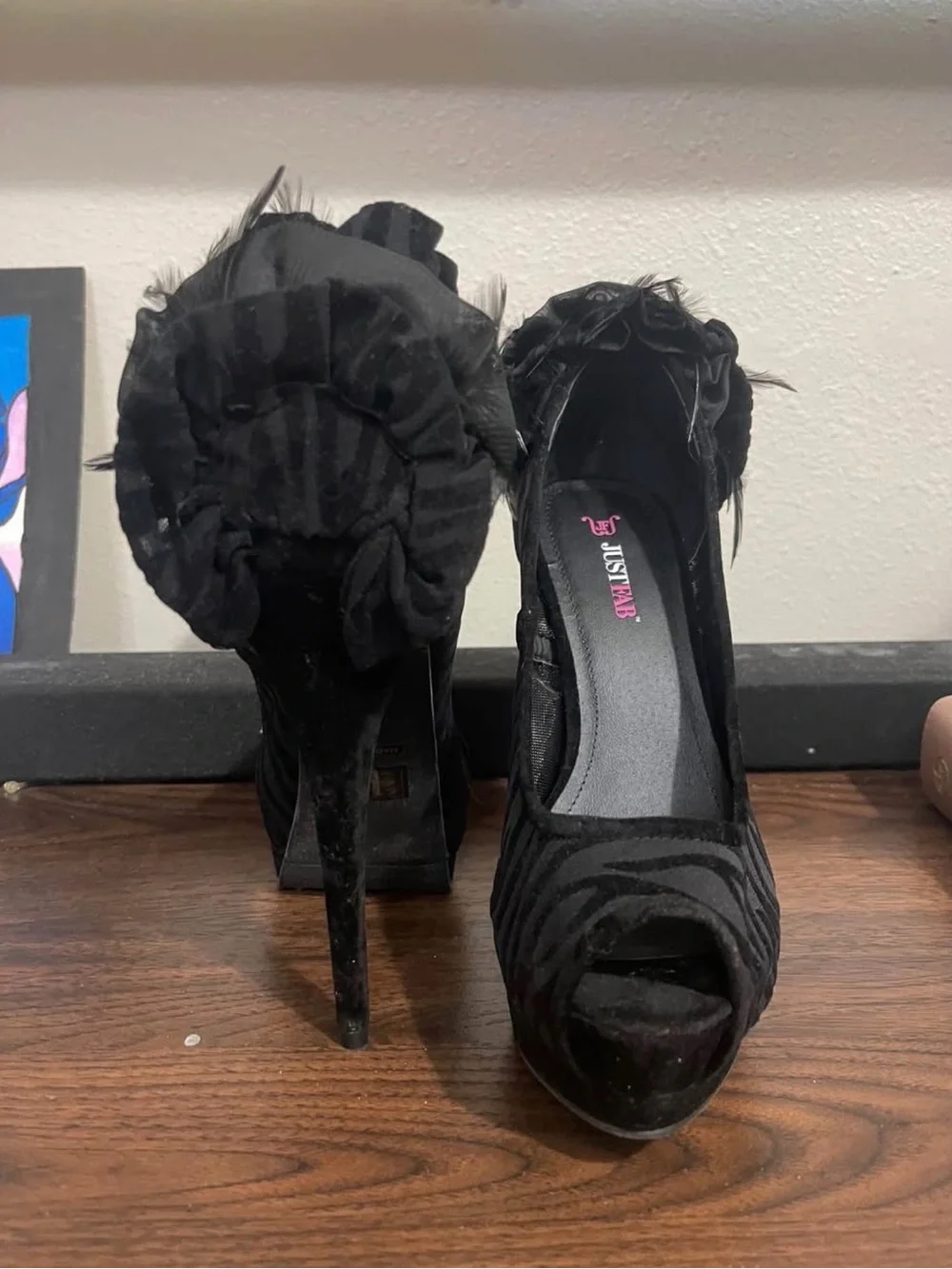 Black Peep-Toe High Heels with Floral Accent - Women's Dress Pumps
